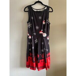 Christmas Dress Black Red White Santa Snowflakes Night Scene Women’s Medium